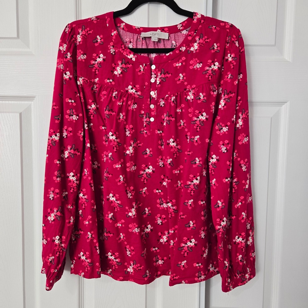 LOFT Pink Floral Henley Blouse Long Sleeve Button Front Cotton Rayon Top XL